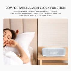 Sleek, modern alarm clock featuring built-in voice assistant, perfect for a restful sleep and easy waking. Combines stylish design with smart functionality, ideal for bedroom use.