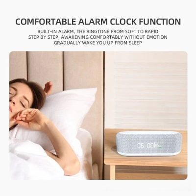 Sleek, modern alarm clock featuring built-in voice assistant, perfect for a restful sleep and easy waking. Combines stylish design with smart functionality, ideal for bedroom use.