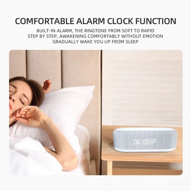 Sleek, modern alarm clock featuring built-in voice assistant, perfect for a restful sleep and easy waking. Combines stylish design with smart functionality, ideal for bedroom use.