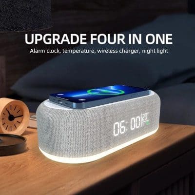 Wireless alarm clock with temperature display, night light, and wireless charger, ideal for modern bedrooms and home offices.