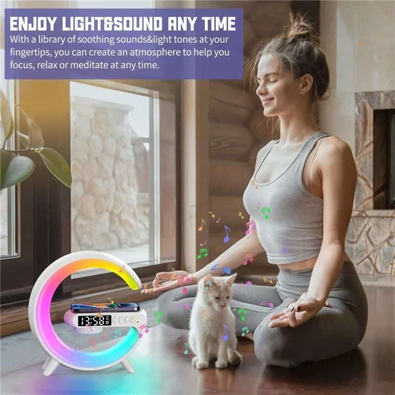 Bright, colorful wake-up light with sound features.