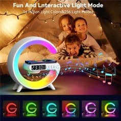 Light-up alarm clock with decorative LED colors for kids' rooms, smart music player, and sleep aid with interactive lighting and music modes. Perfect for a fun, vibrant bedroom decor.