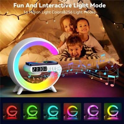 Light-up alarm clock with decorative LED colors for kids' rooms, smart music player, and sleep aid with interactive lighting and music modes. Perfect for a fun, vibrant bedroom decor.