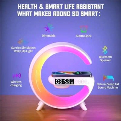 Bluetooth speaker, wireless charging, sleep aid, sunrise wake-up, dimmable light, smart health device, Monalisa store product, modern digital clock, tech gift, home decor.