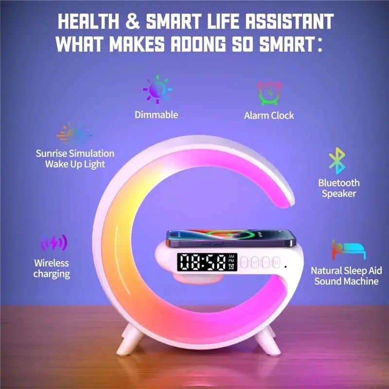 Bluetooth speaker, wireless charging, sleep aid, sunrise wake-up, dimmable light, smart health device, Monalisa store product, modern digital clock, tech gift, home decor.