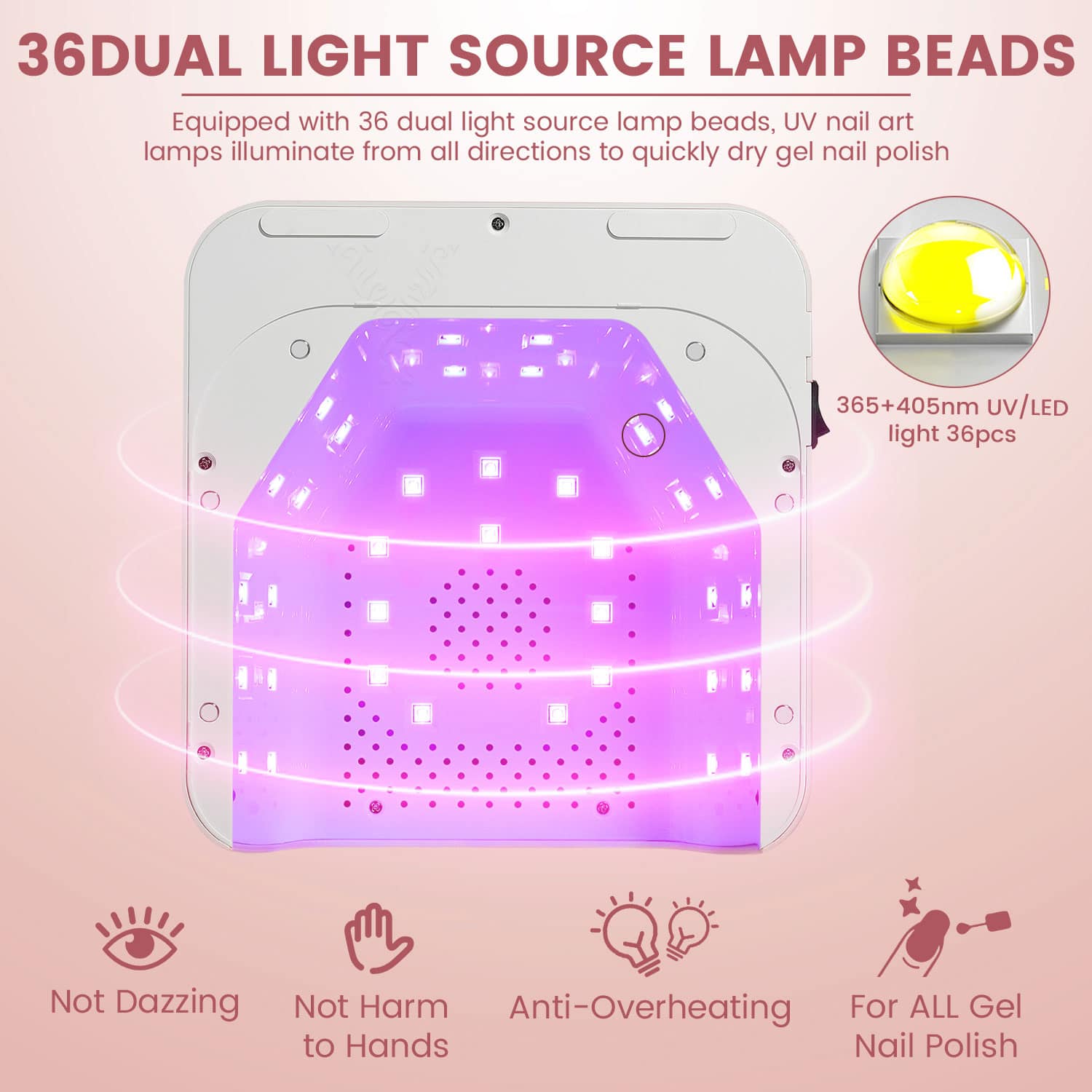 Dual Light Lamp Beads for Gel Nails. - Monalisa Store LED UV lamp with 36 dual light source lamp beads, ideal for quick and efficient gel nail curing, suitable for all gel nail polishes, safe for hands, and designed for professional nail applications.