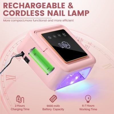 Optical nail lamp for professional and home use, rechargeable and cordless with LED light, fast charging, large battery capacity. Perfect for manicure, pedicure, gel nails, and UV curing at beauty salons or personal use.