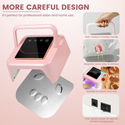 Lightweight, portable eye care machine for professional salons and home use, featuring user-friendly handle, magnetic base, and fast charging port.