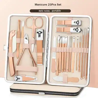 Portable manicure kit with 23 tools for elegant nail care and grooming, easy to carry, ideal for daily use and travel, featuring nail scissors, clippers, files, cuticle pushers, and tweezers.