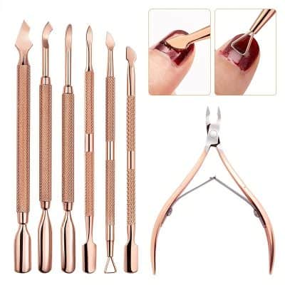 High-quality manicure and nail care tools for professional and home use, including cuticle nippers, tweezers, and nail pullers. Durable rose gold design for precise nail grooming.