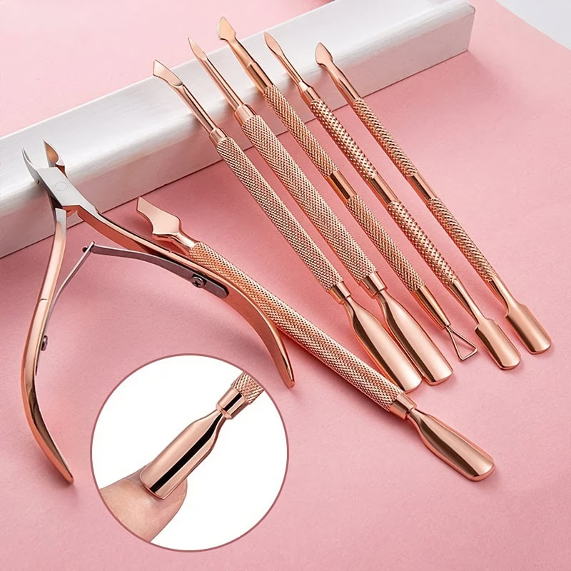 High-quality rose gold manicure and pedicure tools for professional nail care, eyebrow grooming, and skincare. Precision instruments designed for salon and personal use for flawless beauty results.