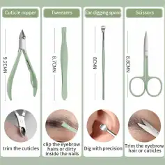 High-quality optometry tools including cuticle nippers, tweezers, ear digging spoon, and scissors designed for precise eye and eyelash trimming.
