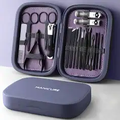 High-quality manicure set featuring scissors, clippers, tweezers, and nail tools in a sleek, portable case for professional or home use.