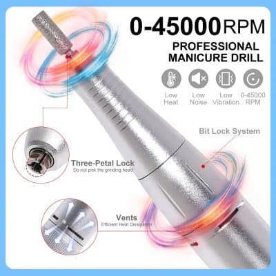 High-speed professional manicure grind, low noise, low heat, vibration, safe nail care, precise bit lock system, multiple vents for heat dissipation, adjustable RPM up to 45,000.