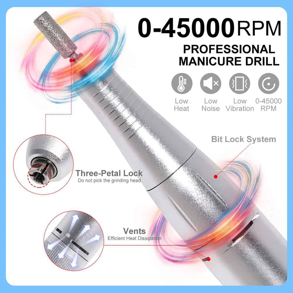 High-speed professional manicure grind, low noise, low heat, vibration, safe nail care, precise bit lock system, multiple vents for heat dissipation, adjustable RPM up to 45,000.