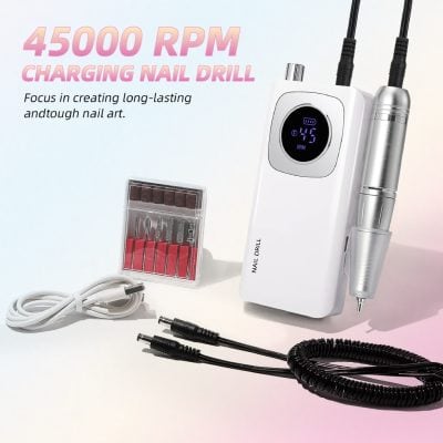 Compact 4500 RPM rechargeable nail drill for professional and DIY pedicure and manicure, featuring long-lasting performance and easy control for precise nail art.