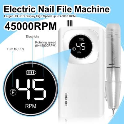 Electric nail drill machine for manicure pedicure, professional or personal use, with LCD display, high speed up to 45000 RPM, ideal for salons and DIY nail care.