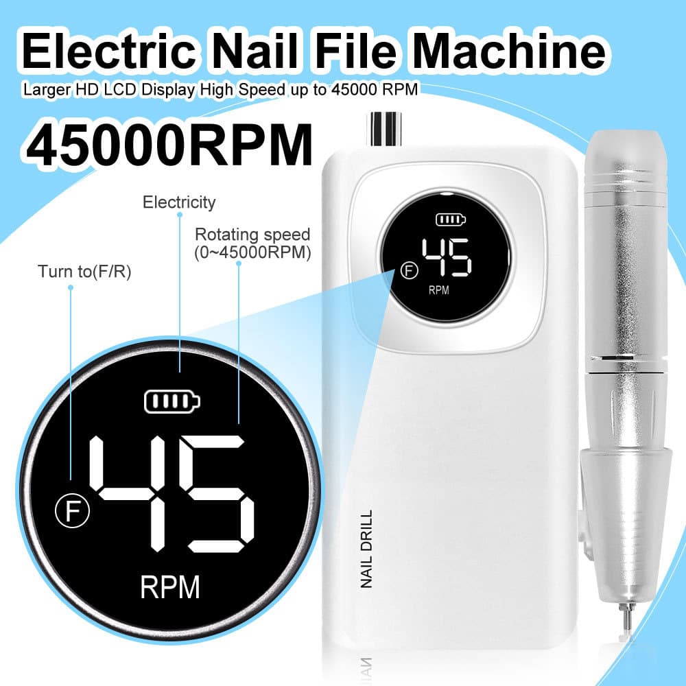 Electric nail drill machine for manicure pedicure, professional or personal use, with LCD display, high speed up to 45000 RPM, ideal for salons and DIY nail care.