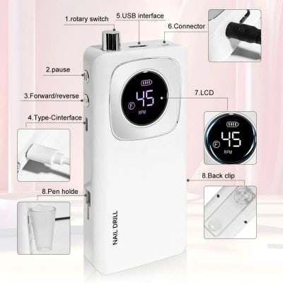 Portable electric nail drill with LCD display, USB interface, and various controls for professional manicure and pedicure.