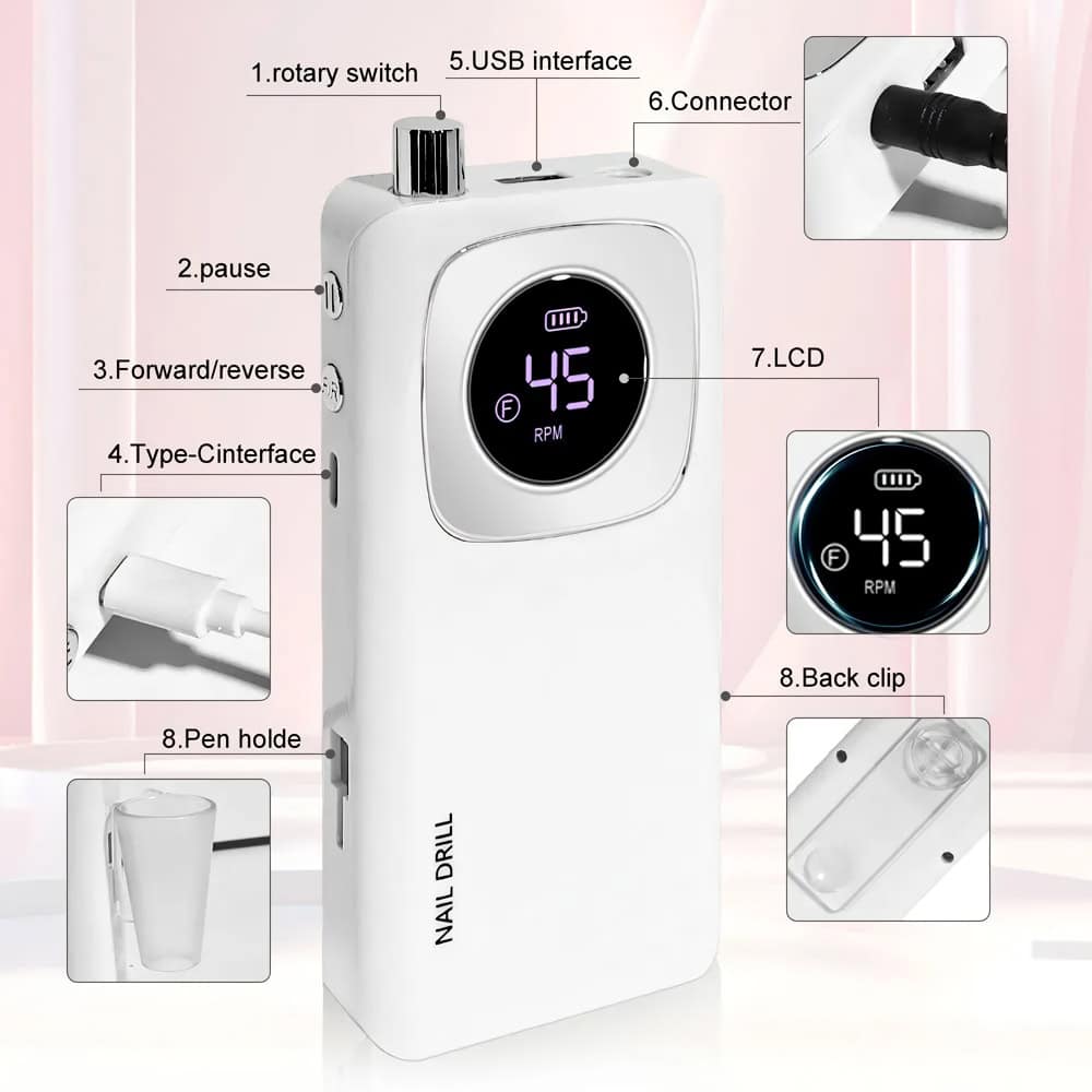 Portable electric nail drill with LCD display, USB interface, and various controls for professional manicure and pedicure.