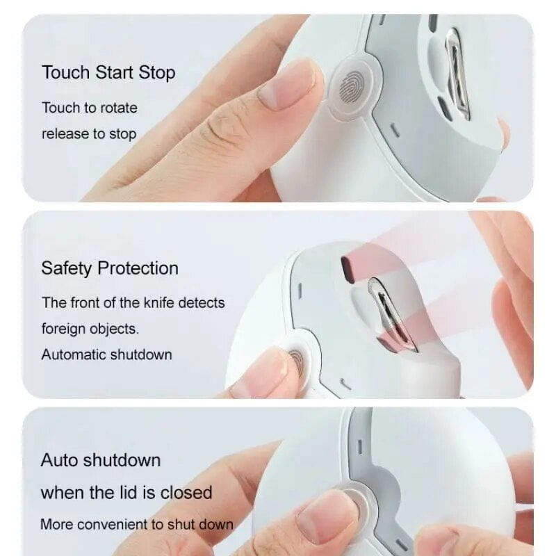 Eyewear cutter with safety lock and automatic shutdown for opticians.