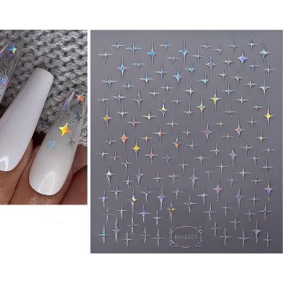 Holographic star-shaped nail decals perfect for manicure decoration, offering a sparkling, iridescent finish to enhance nails with a glamorous touch.