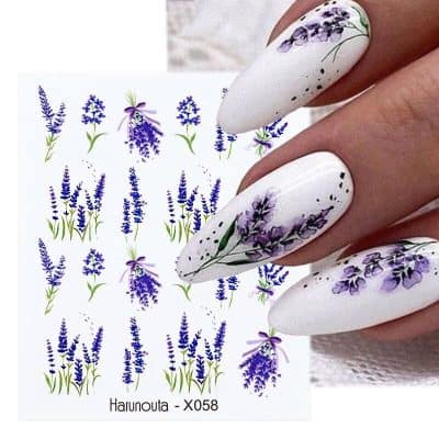 Delicate lavender flower nail decals for elegant manicure design, perfect for spring or summer, suitable for professional or home use, enhancing natural beauty.