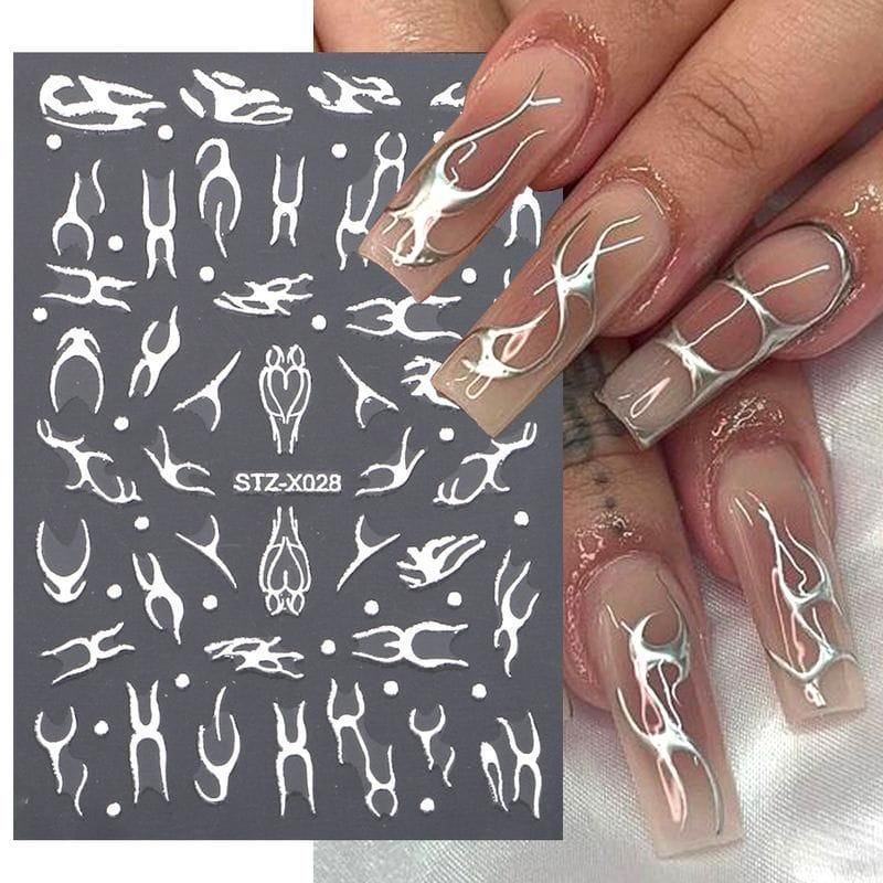 Nail art stencil for creating intricate designs on manicures, featuring white abstract shapes on a dark background, perfect for salon use and DIY nail enhancements.