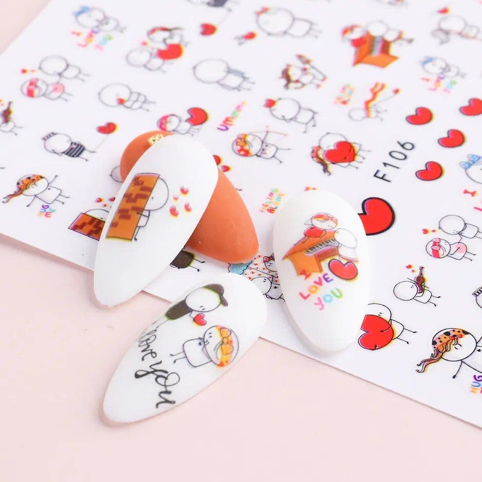 Bright and fun kids' nail stickers with love and heart designs, perfect for children's nail art and decorating nails with cute characters. Easy-to-apply, adorable, and suitable for all ages.