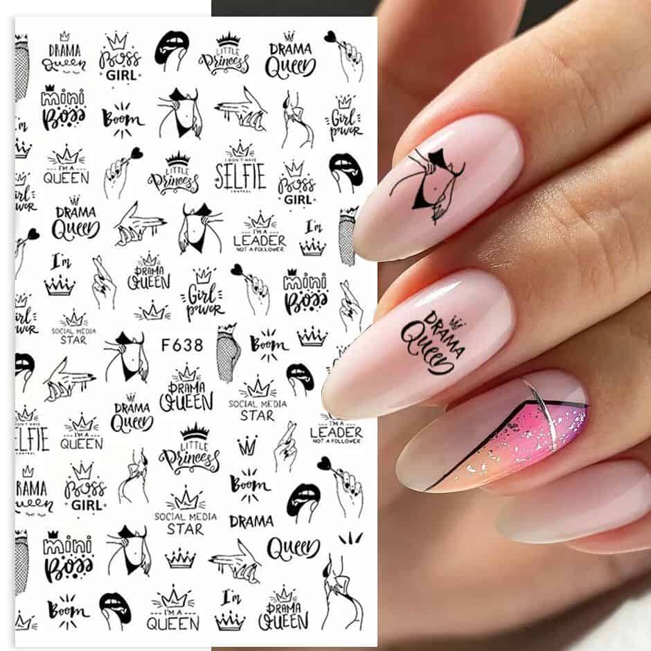 Nail stickers with "Boss Girl" and "Drama Queen" designs, perfect for stylish nail art and pedicure. Easy to apply for a fashionable, fun look.