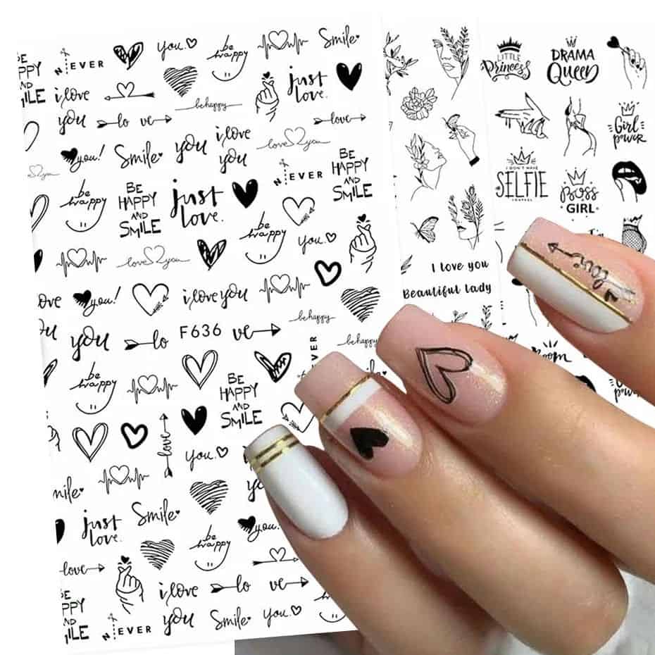 Decorative nail stickers with love-themed and motivational quotes for trendy nail designs. Perfect for enhancing manicures with stylish, eye-catching accents.