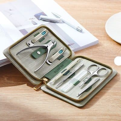 A comprehensive set of ophthalmic instruments including scissors, pliers, and diagnostic tools in a portable case, ideal for opticians and eye care professionals.
