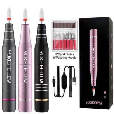 High-speed electric nail drill for professional manicures and pedicures, with multiple sanding discs, polishing caps, and rechargeable battery for efficient nail art and salon use.