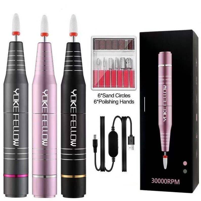 High-speed electric nail drill for professional manicures and pedicures, with multiple sanding discs, polishing caps, and rechargeable battery for efficient nail art and salon use.