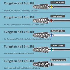 High-quality tungsten nail drill bits for professional manicures and pedicures, including fine, medium, coarse, and extra coarse grinders for nail polish removal, nail extensions, and crystal nails.