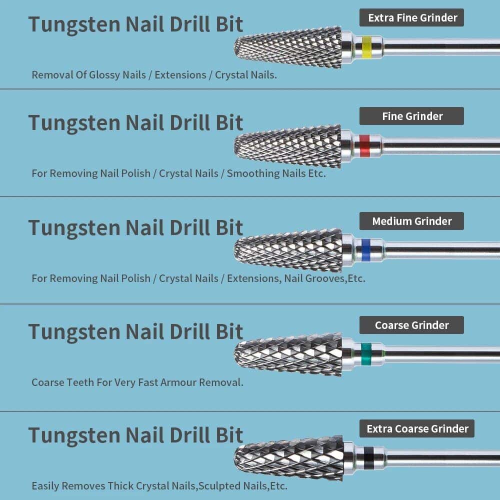 High-quality tungsten nail drill bits for professional manicures and pedicures, including fine, medium, coarse, and extra coarse grinders for nail polish removal, nail extensions, and crystal nails.