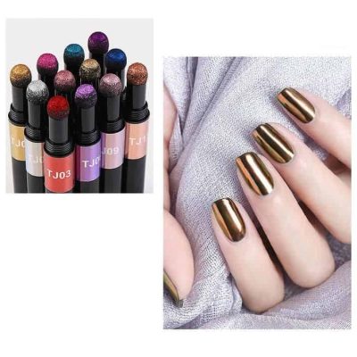 Image of colorful lip gloss sticks and metallic gold nail polish on manicured nails.