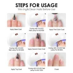 Instructional image for professional nail gel application and curing processes.