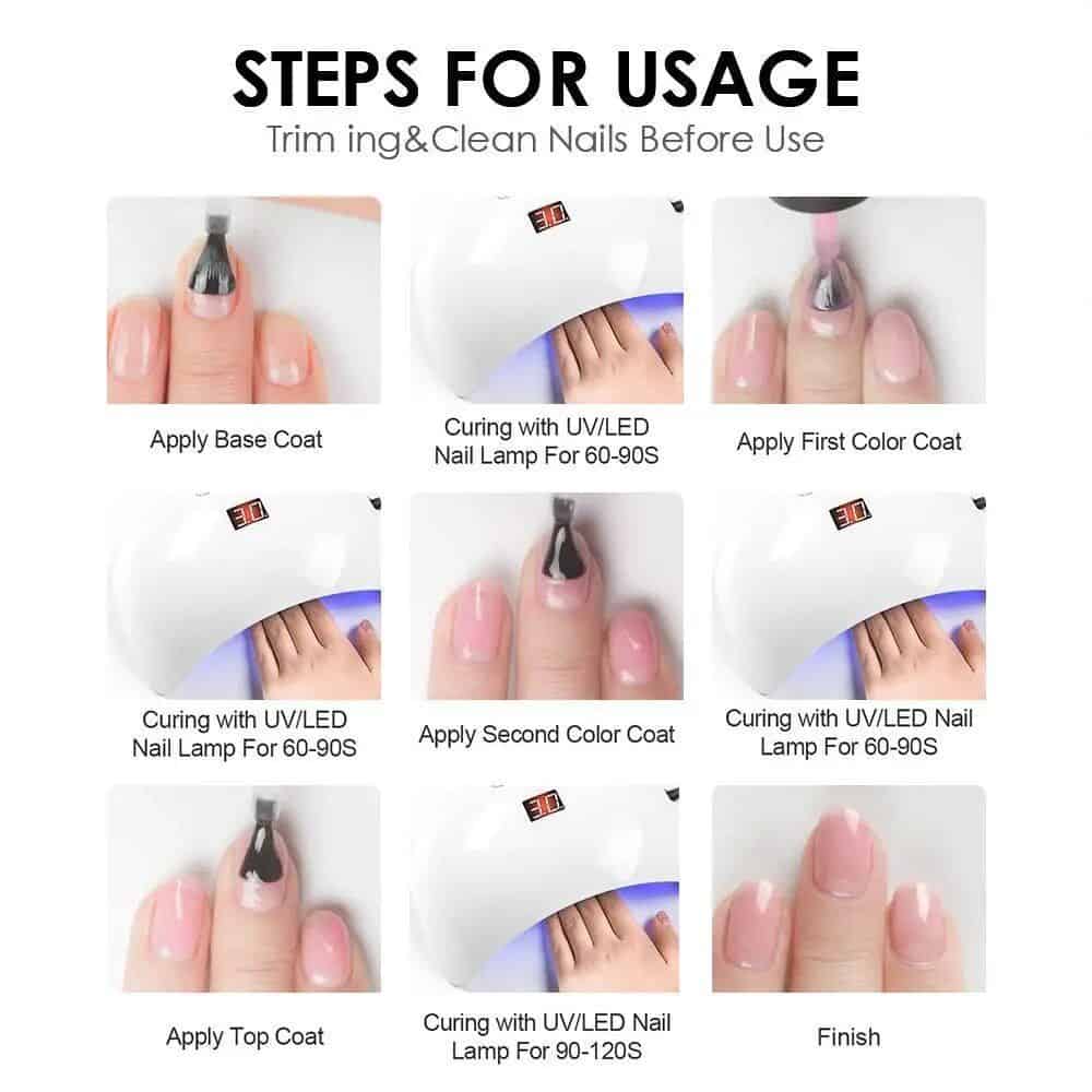 Instructional image for professional nail gel application and curing processes.