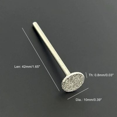 A close-up of a dental milling bur with detailed measurements on a dark background, showcasing precision dental tools available at Monalisa Store for dental restoration and prosthetic procedures.