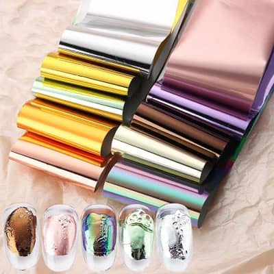 Vibrant holographic and metallic nail wraps for stylish manicures, featuring various shiny finishes and patterns for trendy nail art. Perfect for salon or at-home use.