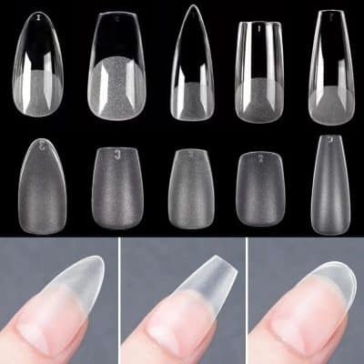 Durable, clear acrylic nail tips for professional manicure and nail extension. Ideal for creating natural or bold nail designs, available in various sizes to fit every nail type. Perfect for salons or at-home nail art.