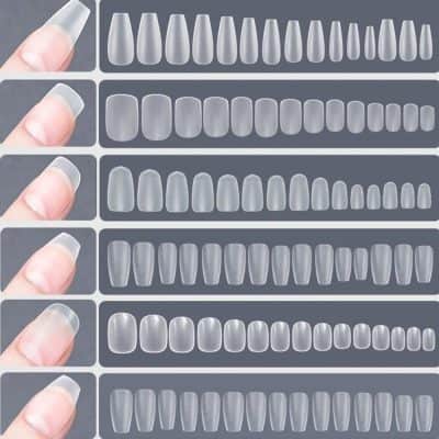 Clear artificial nail tips for cosmetic and professional nail enhancement. Various sizes for perfect fit and natural look. Ideal for acrylic, gel, and dip nails.