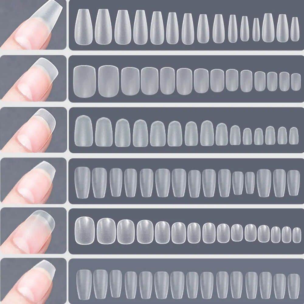 Clear artificial nail tips for cosmetic and professional nail enhancement. Various sizes for perfect fit and natural look. Ideal for acrylic, gel, and dip nails.