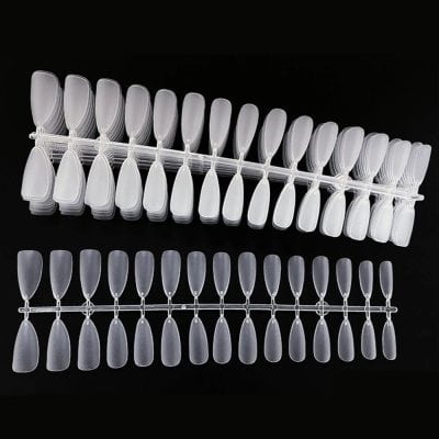 A professional nail tip display rack with clear plastic false nails for salon or clinic use, ideal for nail art, acrylic, gel, or natural nail enhancement. Perfect for showcasing nail designs.
