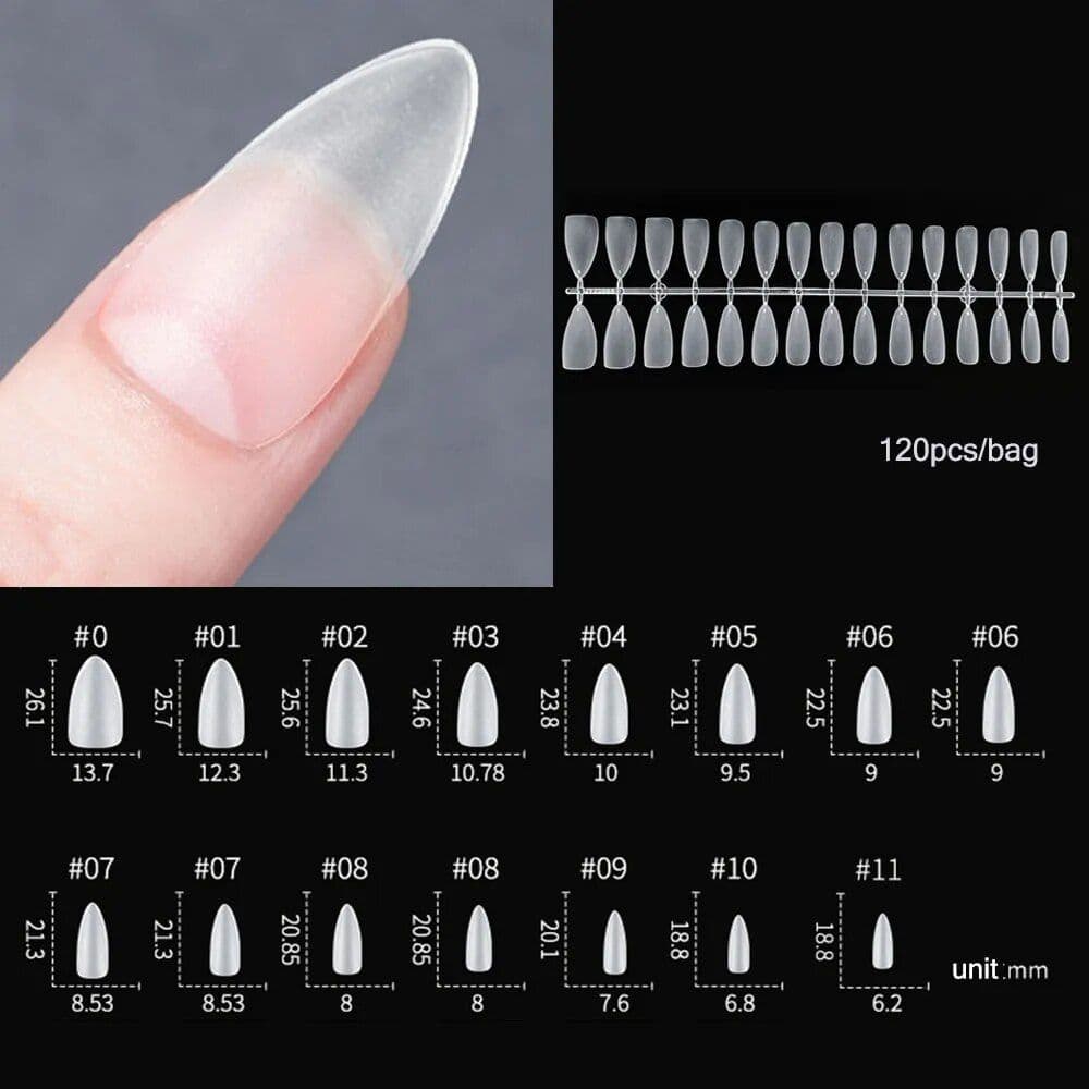 High-quality artificial nail tips for manicure and acrylic enhancements. Perfect for salons and DIY nail art, with multiple sizes for a custom fit. 120 pcs per bag for versatile professional use.