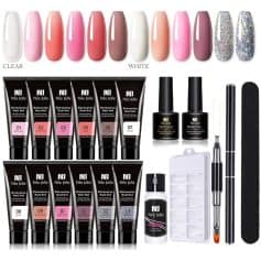 High-quality manicure and pedicure gel nail polish set with extended nails, top and base coats, UV lamp, and tools for professional and home nail care. Perfect for stunning, durable, and glossy nails.