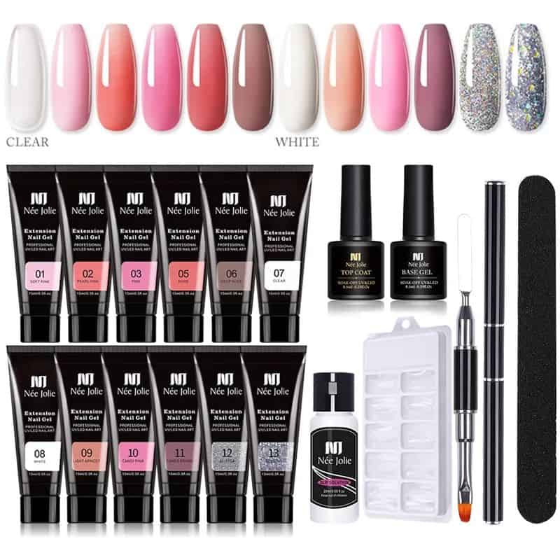 High-quality manicure and pedicure gel nail polish set with extended nails, top and base coats, UV lamp, and tools for professional and home nail care. Perfect for stunning, durable, and glossy nails.
