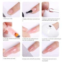 Nail gel application process on natural nails, including base coat, curing, shaping, and top coat, for durable, glossy nails. Ideal for professional and at-home gel nail enhancements.