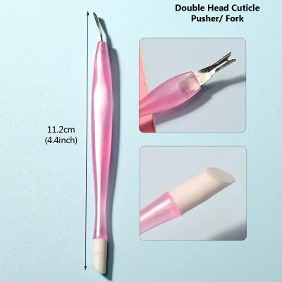 Precision double head cuticle pusher and fork for skincare and manicures, 11.2cm (4.4 inches) long, pink handle, stainless steel tips, ideal for cuticle removal and nail care.
